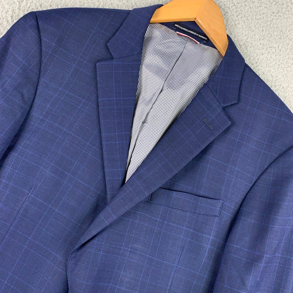 Tommy Hilfiger Windowpane Blazer Mens 44L Modern Fit Navy Blue Wool Blend Jacket
